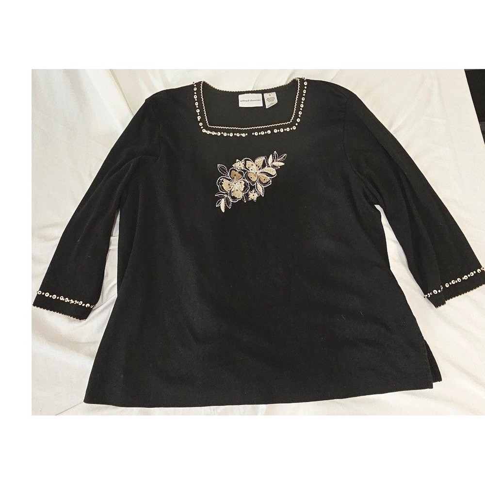 Alfred Dunner Black Floral Embroidered Beaded Square Neck 3/4 Sleeve Top XL